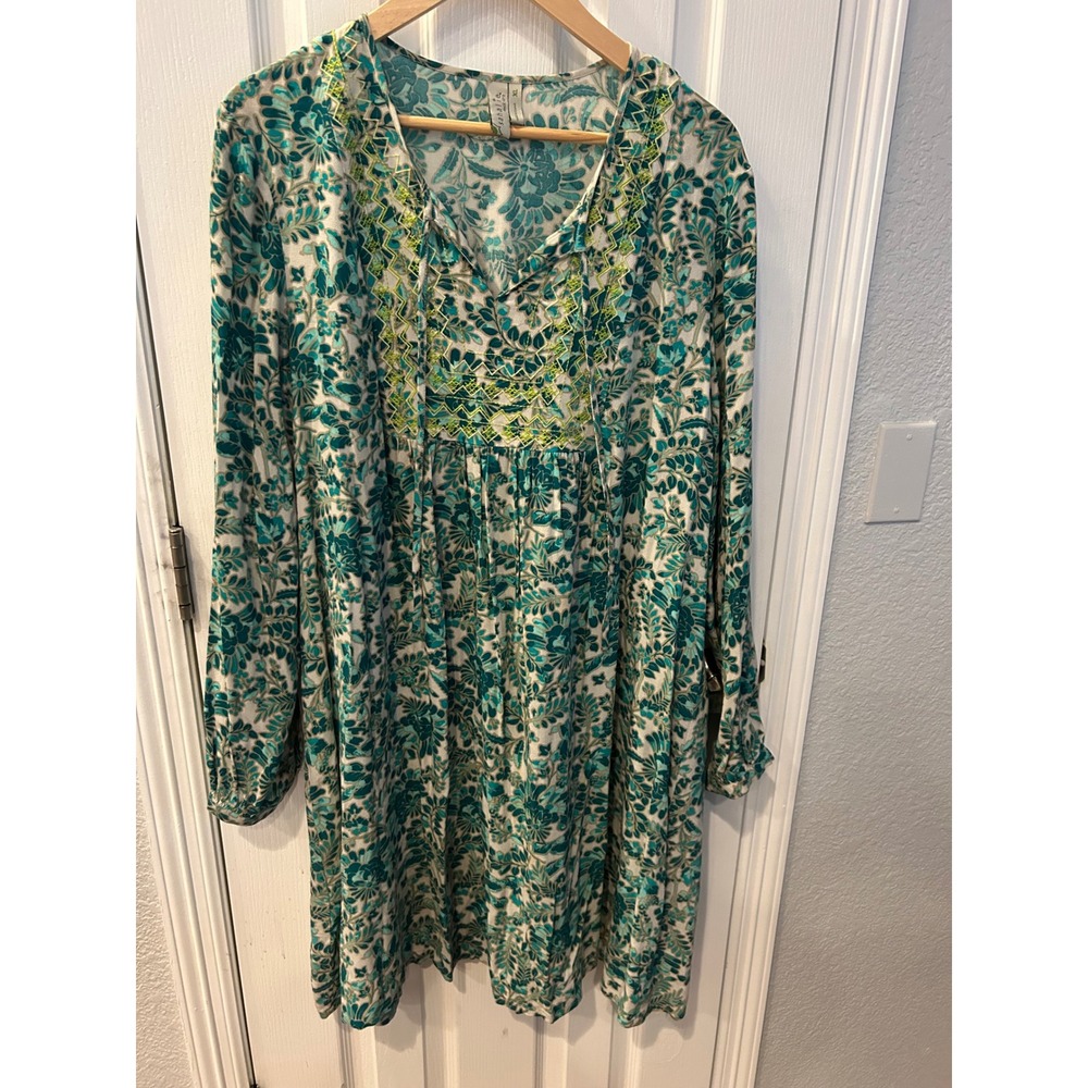 Sahalie Womens XL Teal Green Floral Embroidered Boho Viscose Tunic midi Dress
